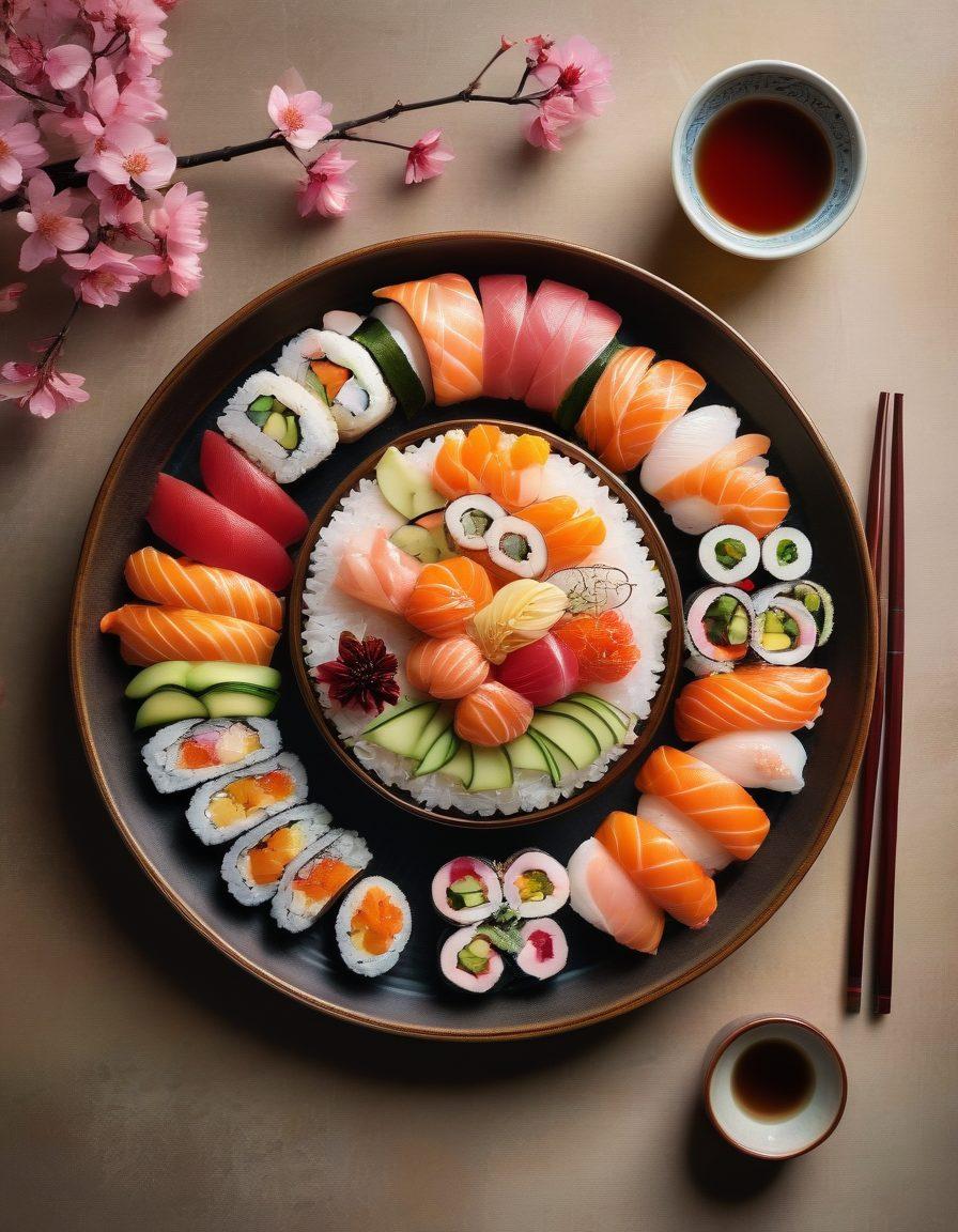 A beautifully arranged plate of sushi and colorful side dishes, elegantly presented with intricately designed chopsticks resting on the side. The background features a traditional Japanese tea set and cherry blossom petals gently scattered around. The atmosphere is warm and inviting, showcasing the artistry in food presentation. warm lighting, vibrant colors, intricate details.