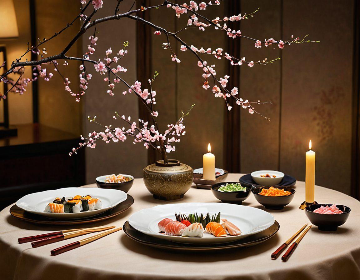 A beautifully arranged dining table for two, featuring intricately designed chopsticks resting on elegant plates filled with vibrant Asian dishes like sushi, dim sum, and colorful stir-fried vegetables. The soft, warm lighting creates a romantic ambiance, with cherry blossom branches gently framing the scene. A small candle flickers between the plates, symbolizing romance. The background features subtle hints of traditional Asian décor. super-realistic. vibrant colors. warm lighting.