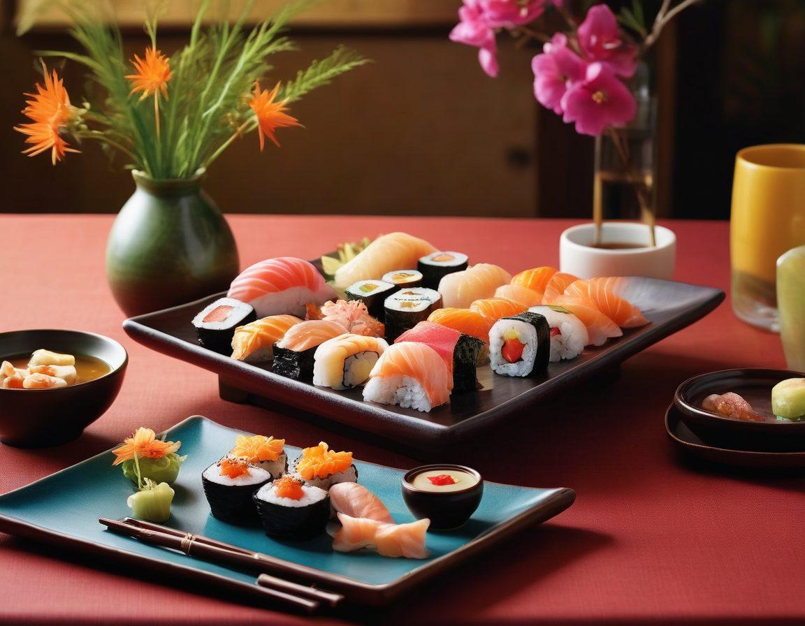 An elegant dining table set with exquisite Asian dishware, featuring a colorful array of sushi and dim sum, complemented by decorative chopsticks poised delicately over the food. Soft lighting casts a warm glow, highlighting the textures and colors of the culinary delights, creating an inviting atmosphere for savoring each bite. Romantic ambiance with subtle floral arrangements in the background. super-realistic. vibrant colors.